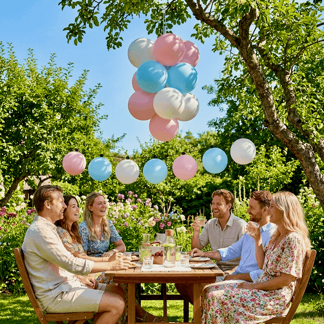 Pastelkleurige jubileumdecoratie in tuin bij zomerse huwelijksverjaardag met zonneschijn