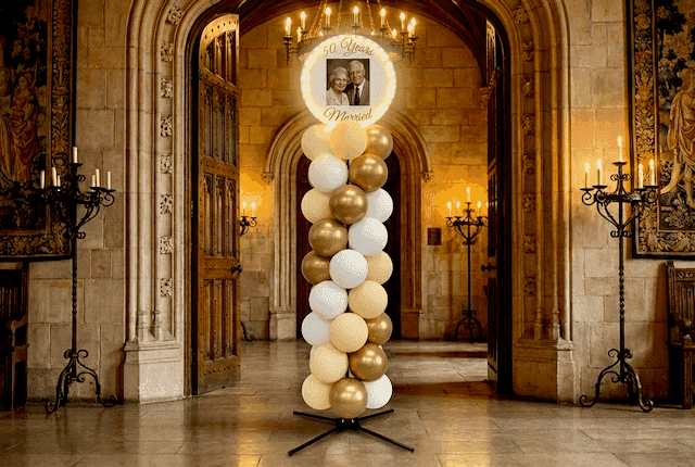 Zilveren ballonpilaar met rond topboard met jubileum namen en foto, geplaatst in een elegant verlichte feestzaal