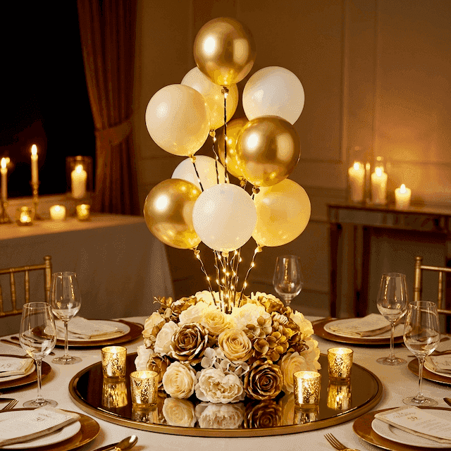 PilaMania ballon stoepbord als gouden centerpiece met LED-lichtjes en gouden bloemen voor 50 jaar getrouwd gouden bruiloft