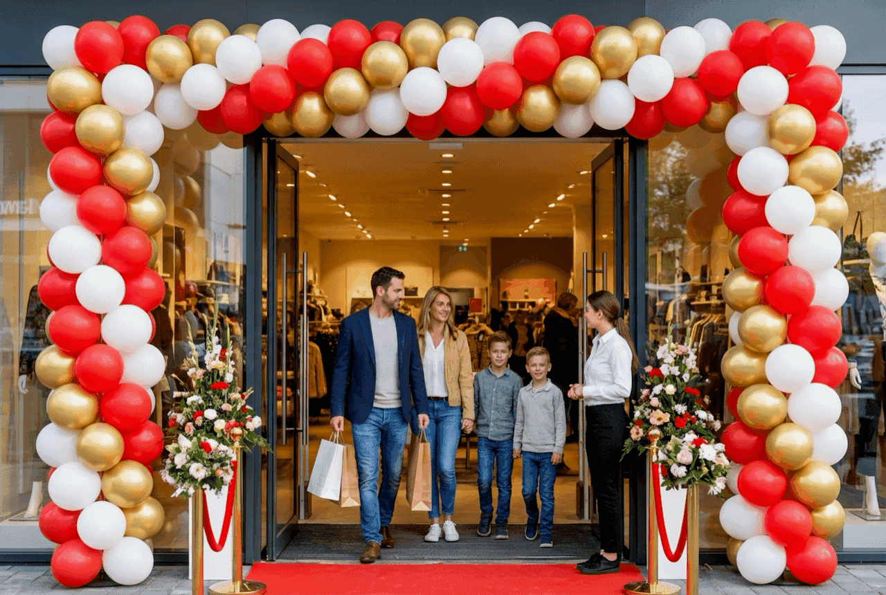 PilaMania ballonpoort bij feestelijke winkelopening met klanten