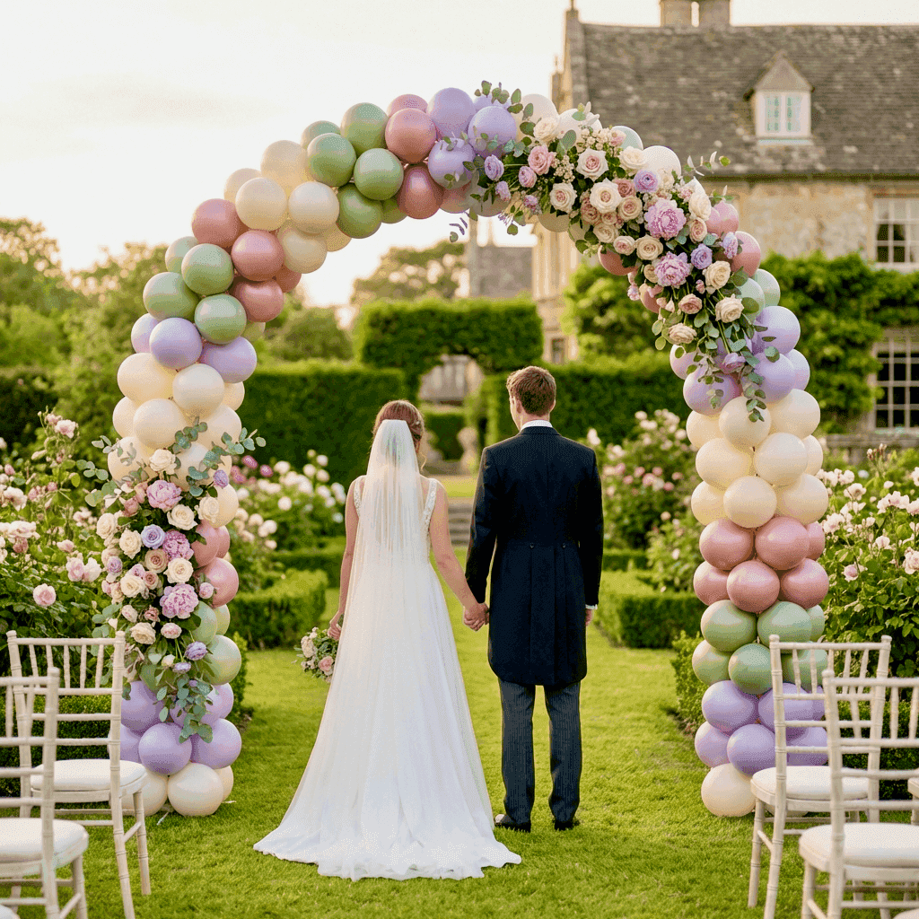 PilaMania ballonnenboog met bloemen bij Engels tuintrouwfeest met bruidspaar