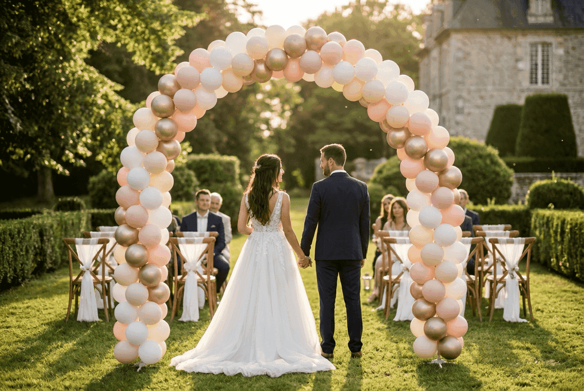 PilaMania ballonnenboog als trouwaltaar bij romantische buitenceremonie