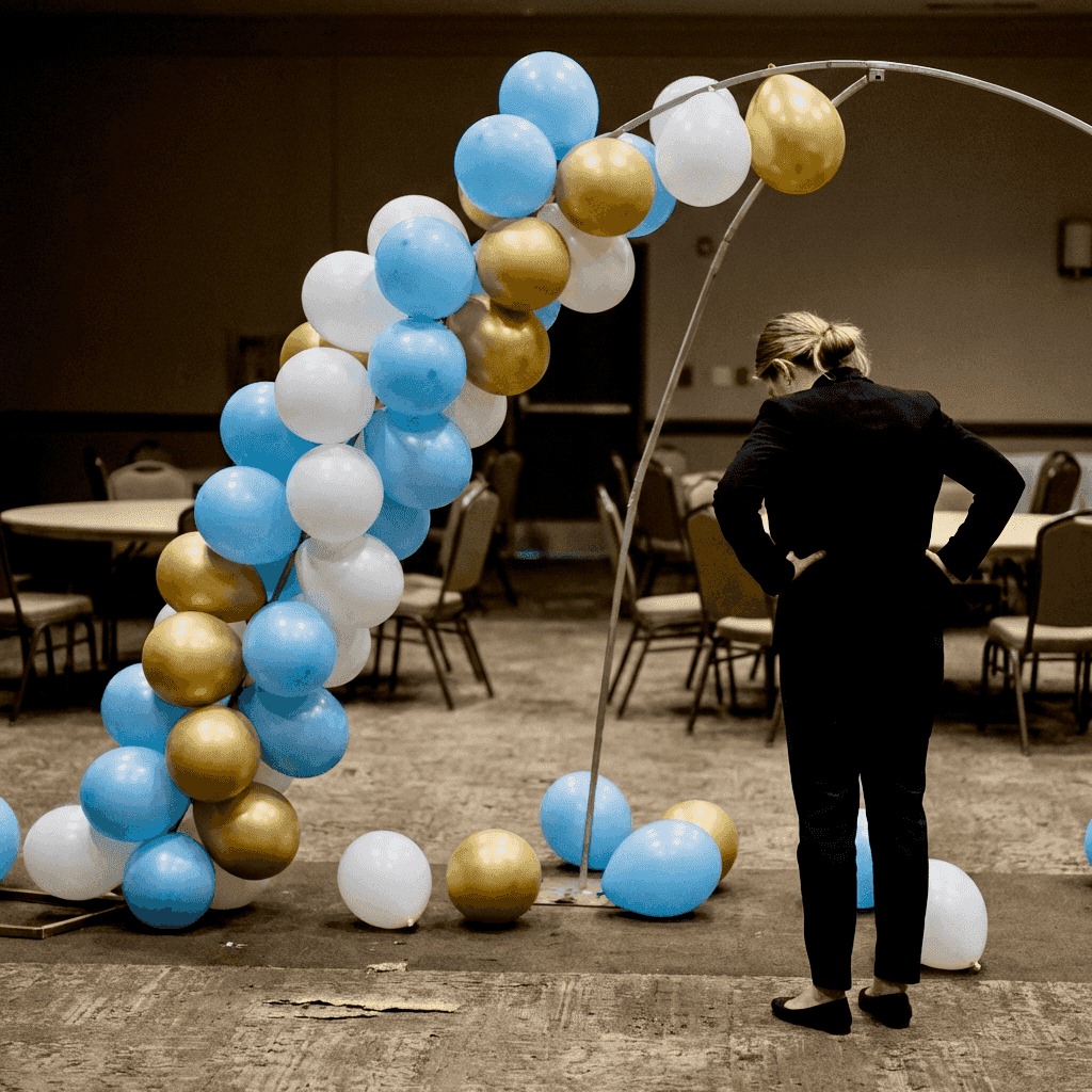 Gefrustreerde eventplanner bij leeggelopen traditionele ballonnenboog