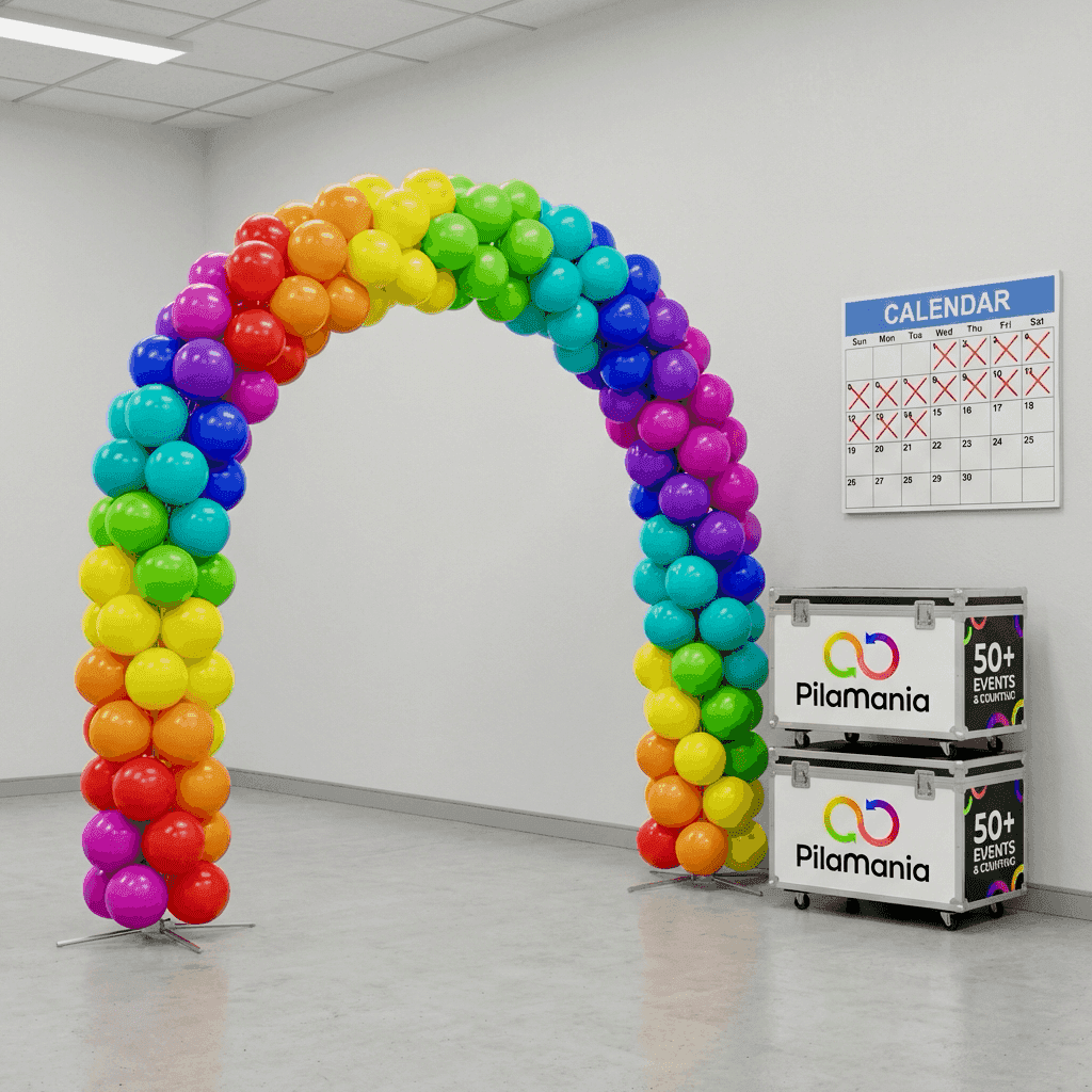 Herbruikbare PilaMania ballonnenboog opgeborgen in compacte opslag