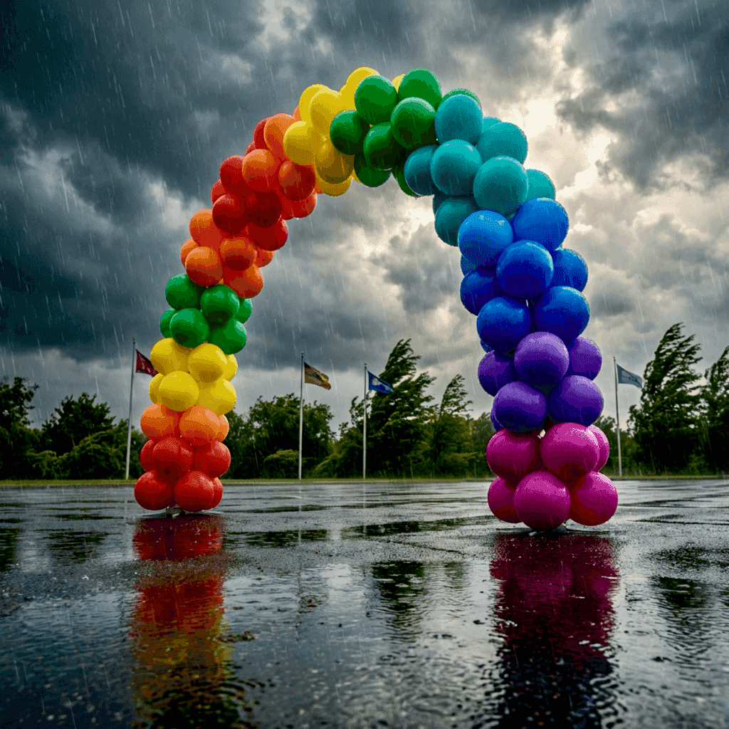 PilaMania ballonnenboog buiten bij wisselende weersomstandigheden