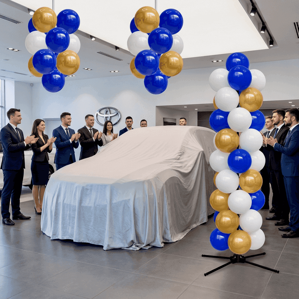 Ballonnenpilaren in merkkleuren naast een nieuwe wagen op een podium in een autoshowroom