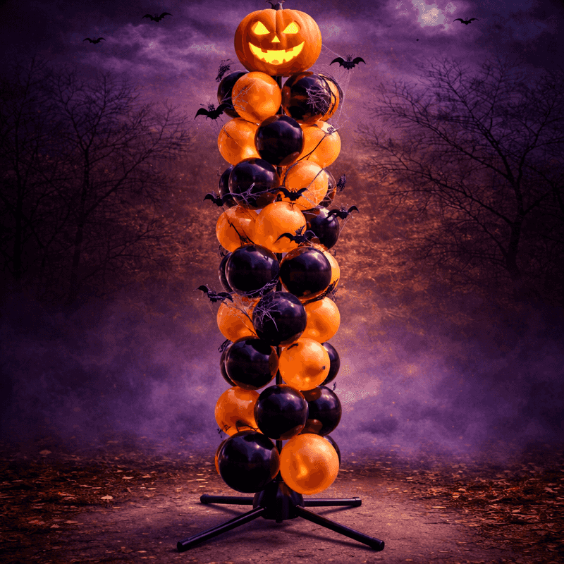 Halloween ballonpilaar met oranje en zwarte ballonnen en pompoen topper