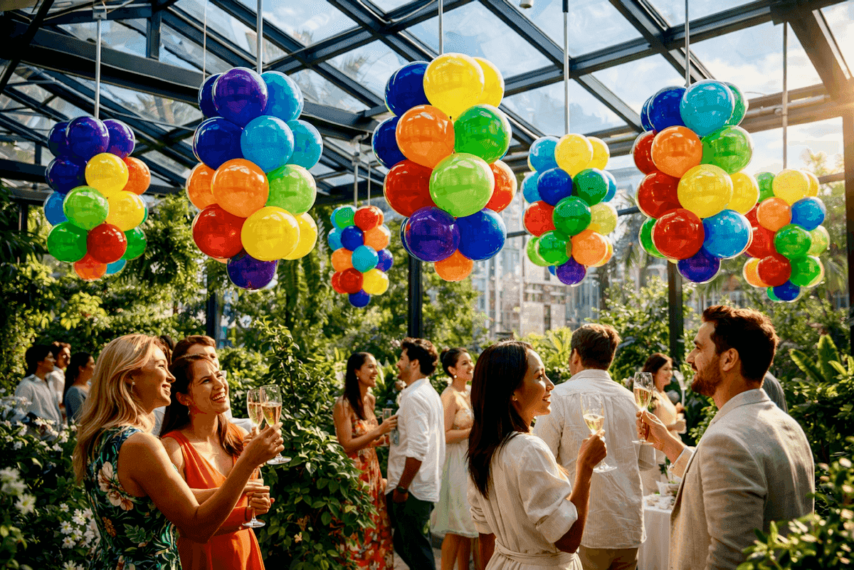Witte en groene ballondecoratie met botanische accenten voor trouwfeest