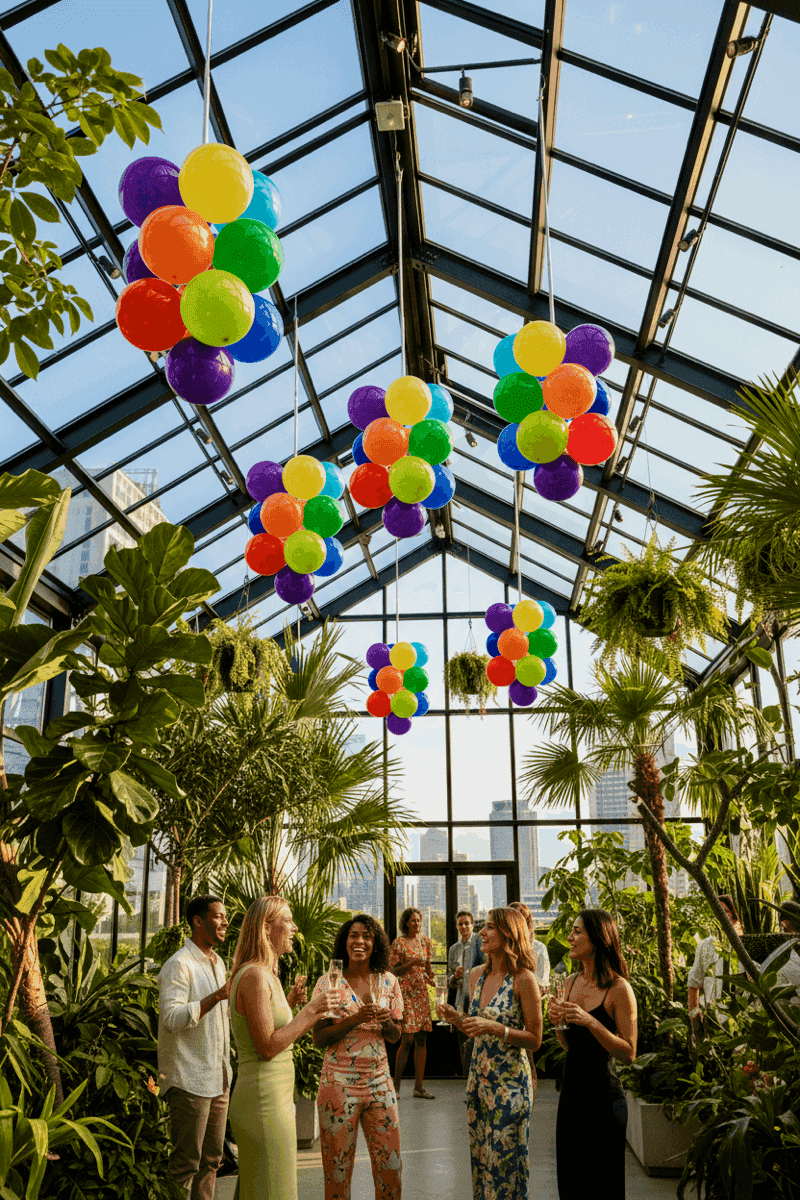 Verticale ballondecoratie in glazen kas voor huwelijksceremonie