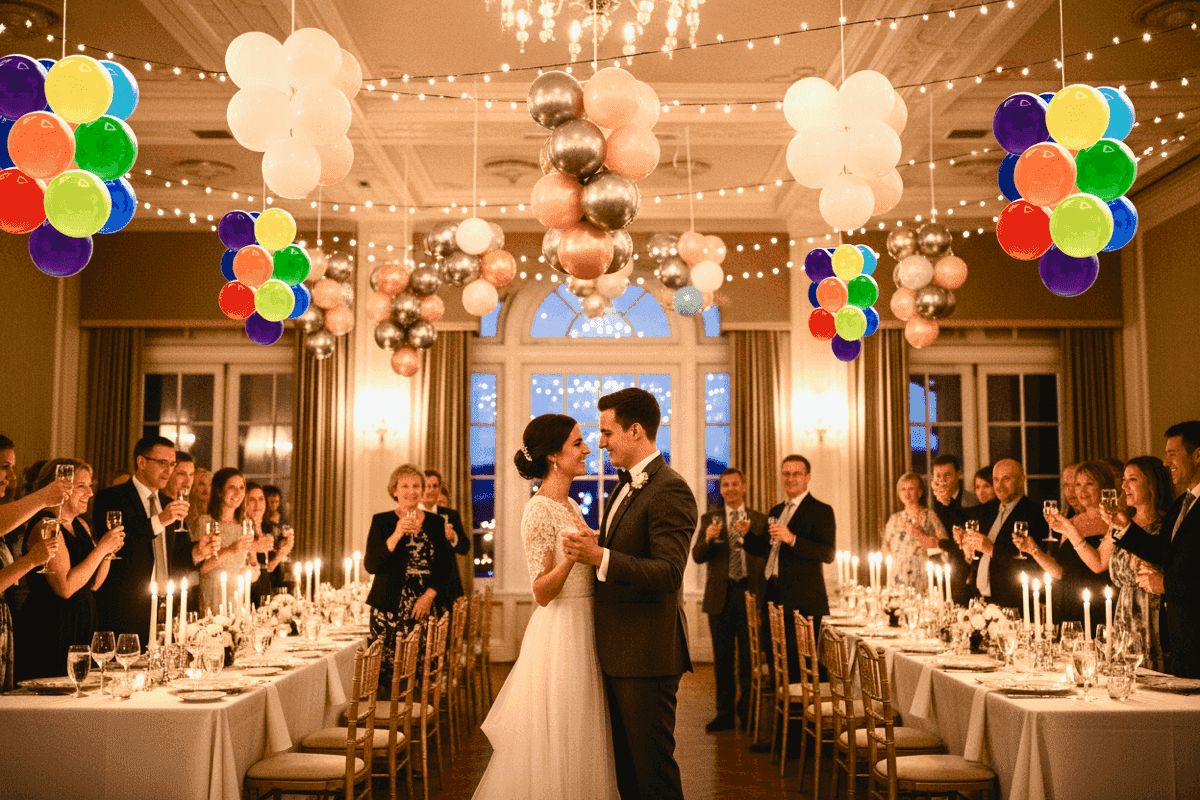 Elegante ballonnenboog bij ingang van trouwlocatie