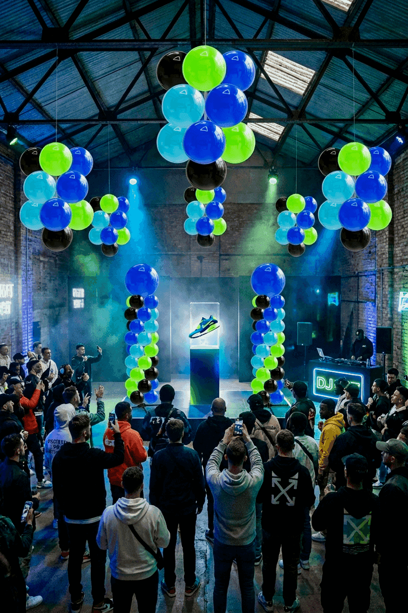 Ballondecoratie als achtergrond voor schoenen productpresentatie