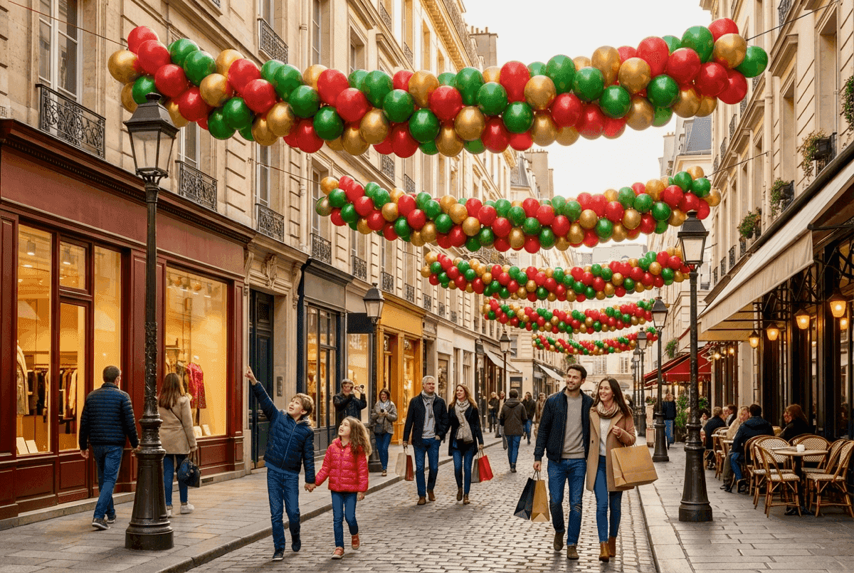 Kleurrijke ballonslinger boven winkelstraat