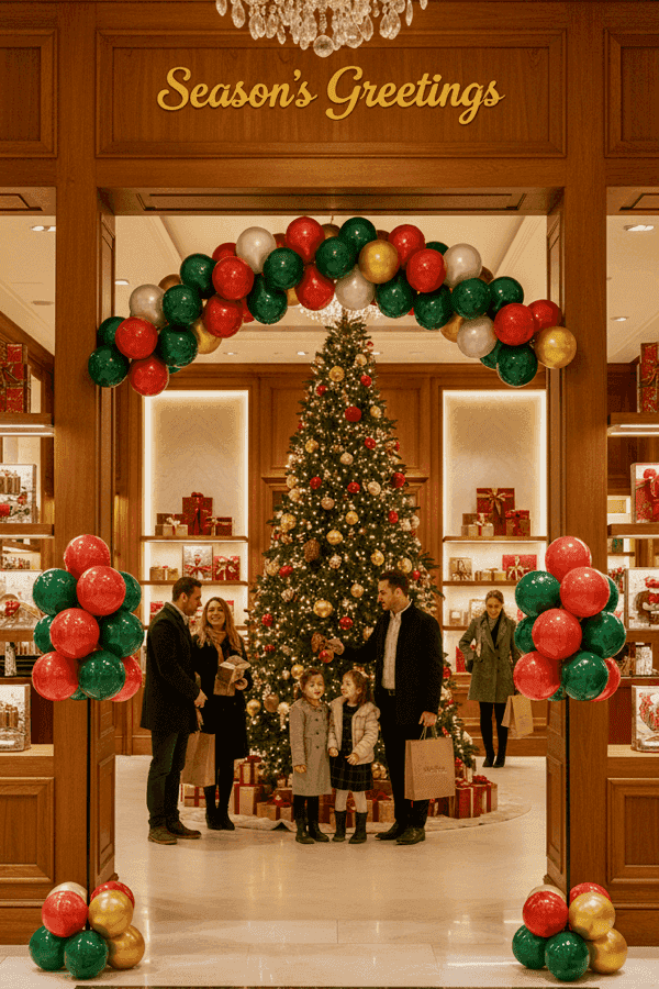 Rode en witte ballondecoratie in kerstsfeer voor winkel