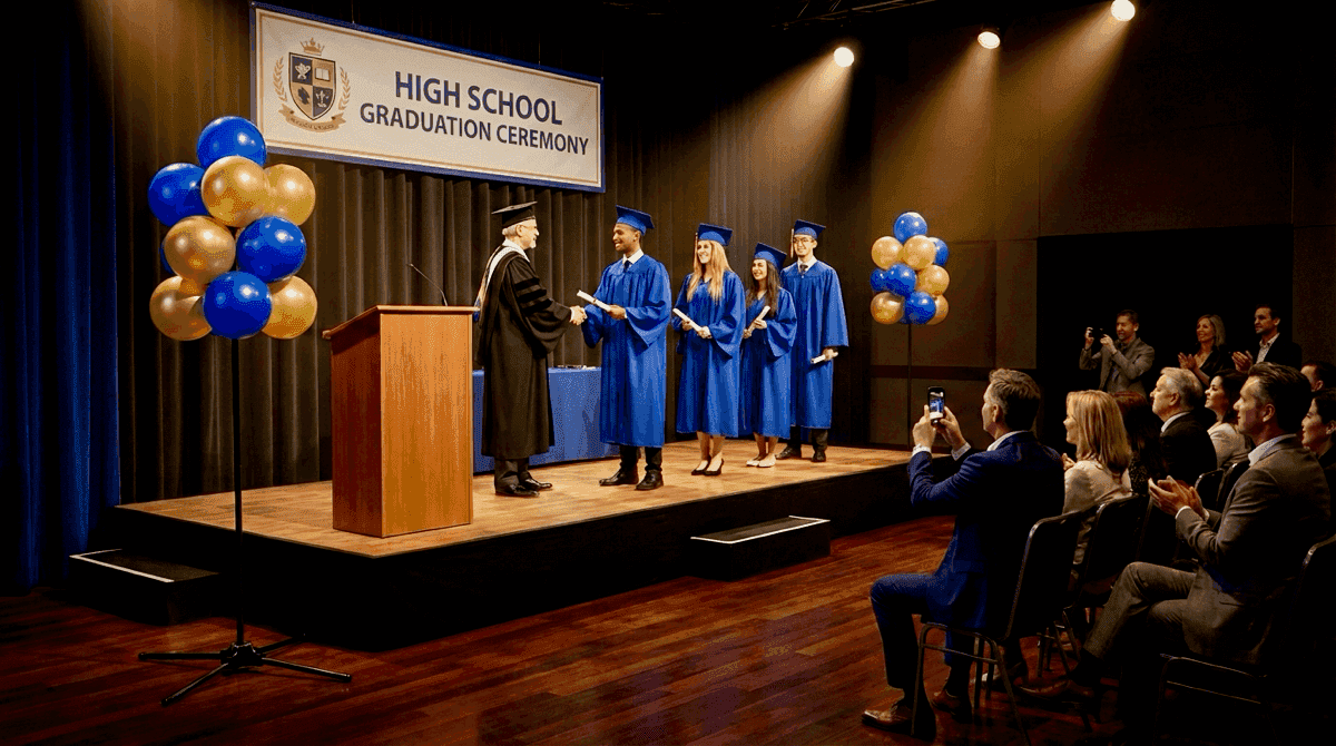 Staande ballontrossen naast podium tijdens diploma-uitreiking op middelbare school