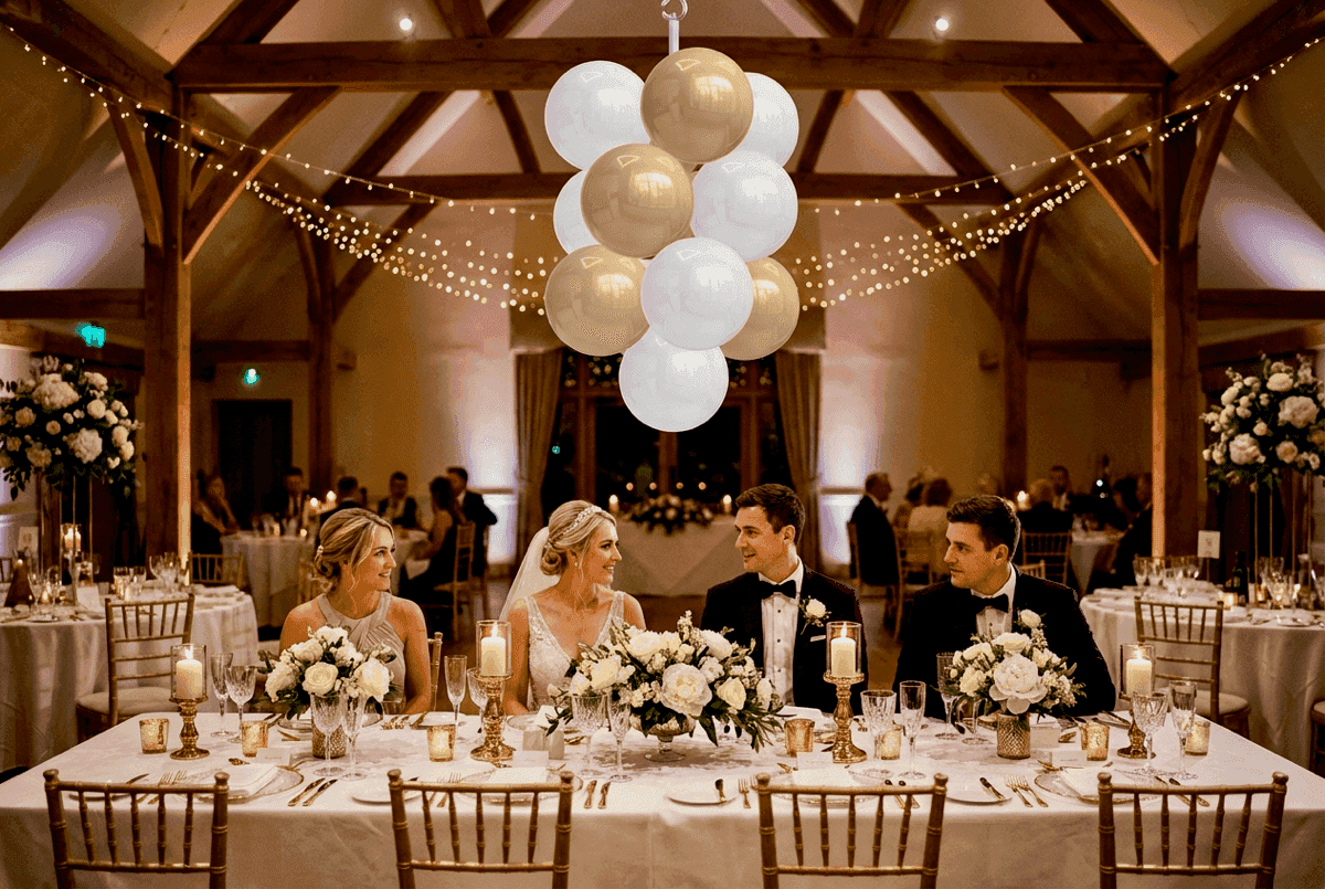 Witte en gouden ballontrossen hangen boven trouwtafel als romantische decoratie