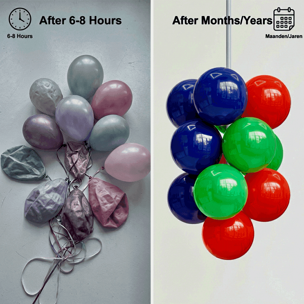 Vergelijking tussen leegelopen latex ballonnen en perfecte PilaMania ballontros