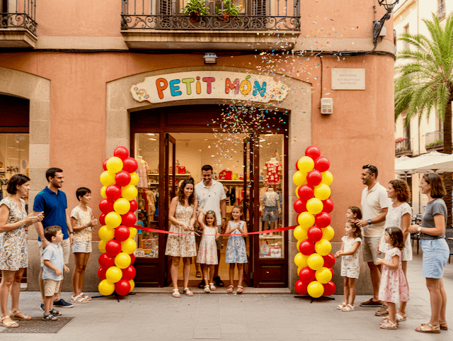 Ballonpilaar bij winkel entree trekt klanten aan, retail decoratie in levendige kleuren bij mode winkel overdag met natuurlijk licht