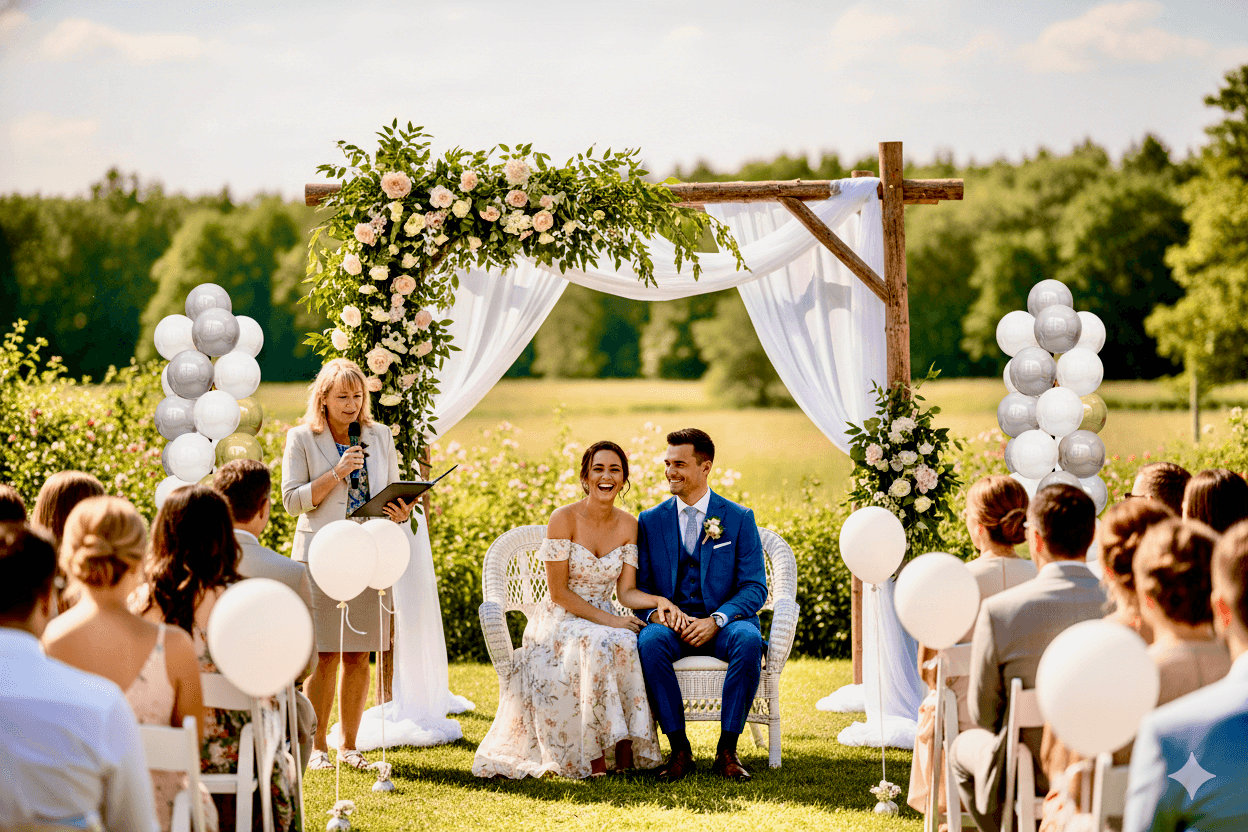 Elegante ballonpilaren aan weerszijden van de trouwlocatie entree