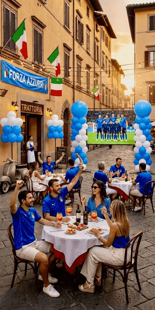 Ballonpilaar met sfeervolle verlichting tijdens een voetbalevenement
