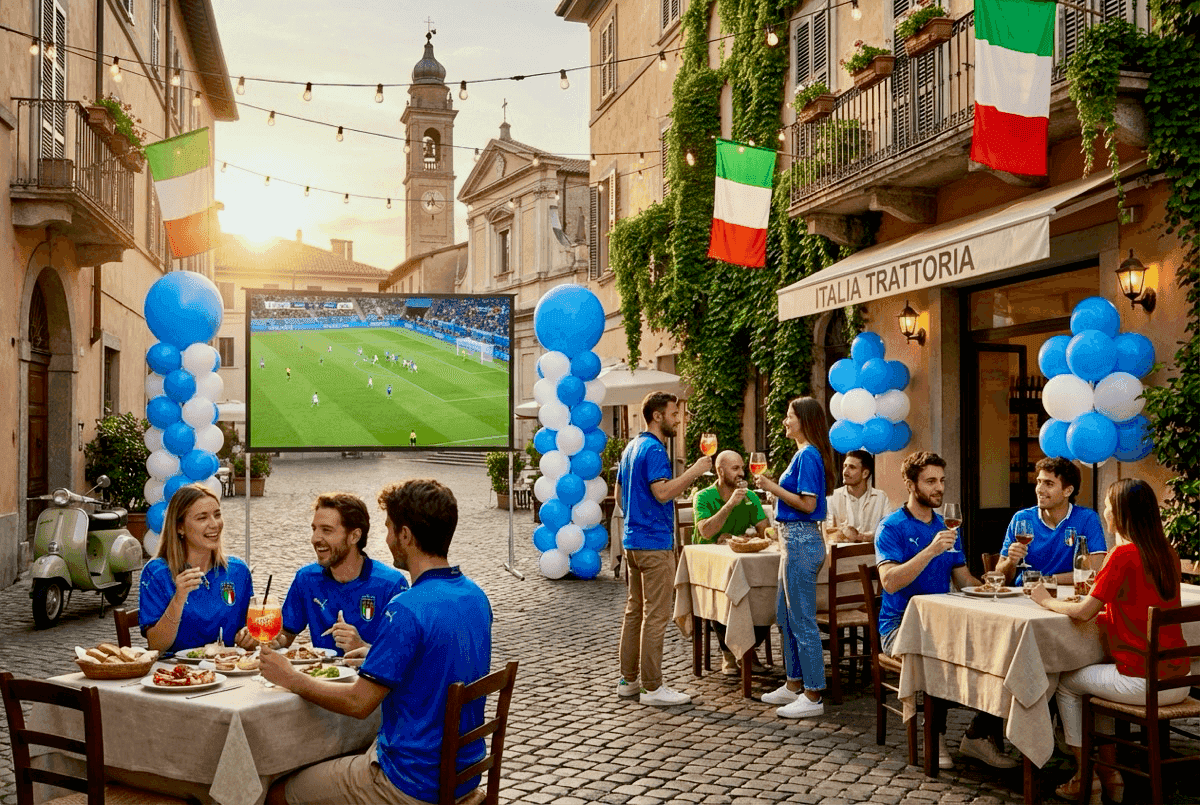 Blauw-witte ballonpilaren en ballontrossen op een dorpsplein met een groot scherm en supporters aan tafeltjes