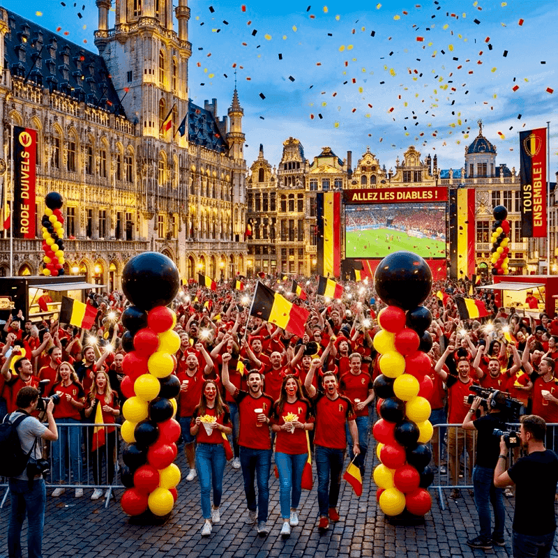 Supporters vieren feest op de Grote Markt in Brussel tussen ballonpilaren in zwart, geel en rood onder een Rode Duivels-banner