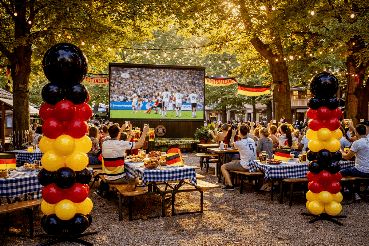 Ballonpilaren in zwart, rood en geel naast een groot scherm in een openluchtcafé vol supporters