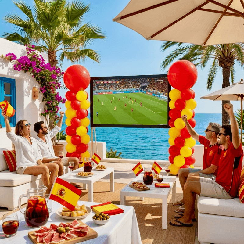 Zwart-geel-rode ballondecoratie voor voetbalfeest bij horeca en terras
