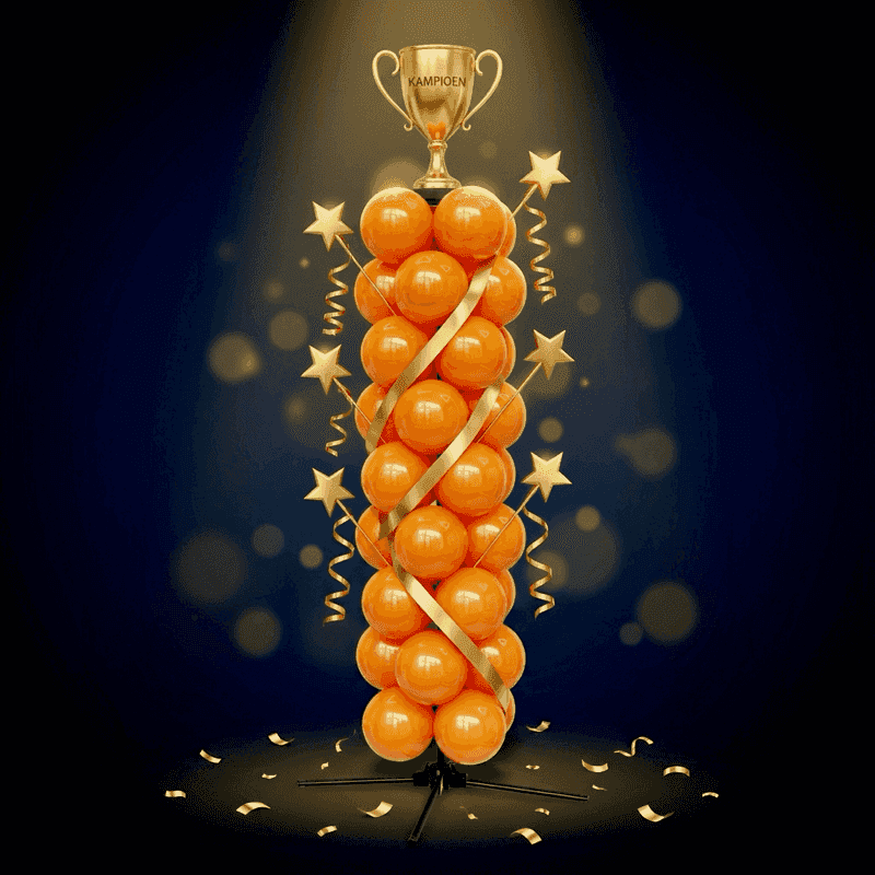 Oranje ballonpilaar met kampioensbeker en gouden sterren
