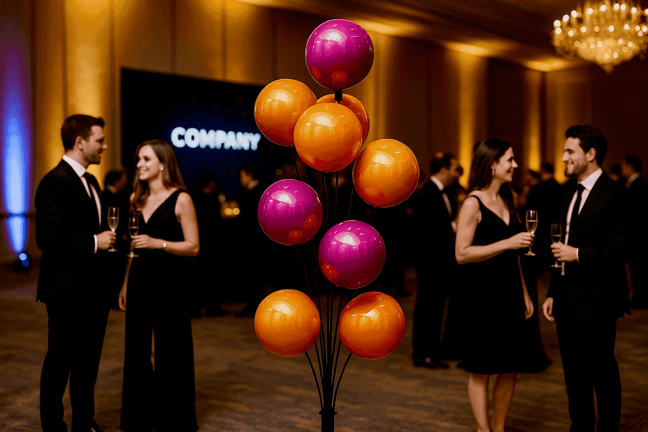 Ballon stoepbord versterkt luxe sfeer tussen elegante gala bezoekers.
