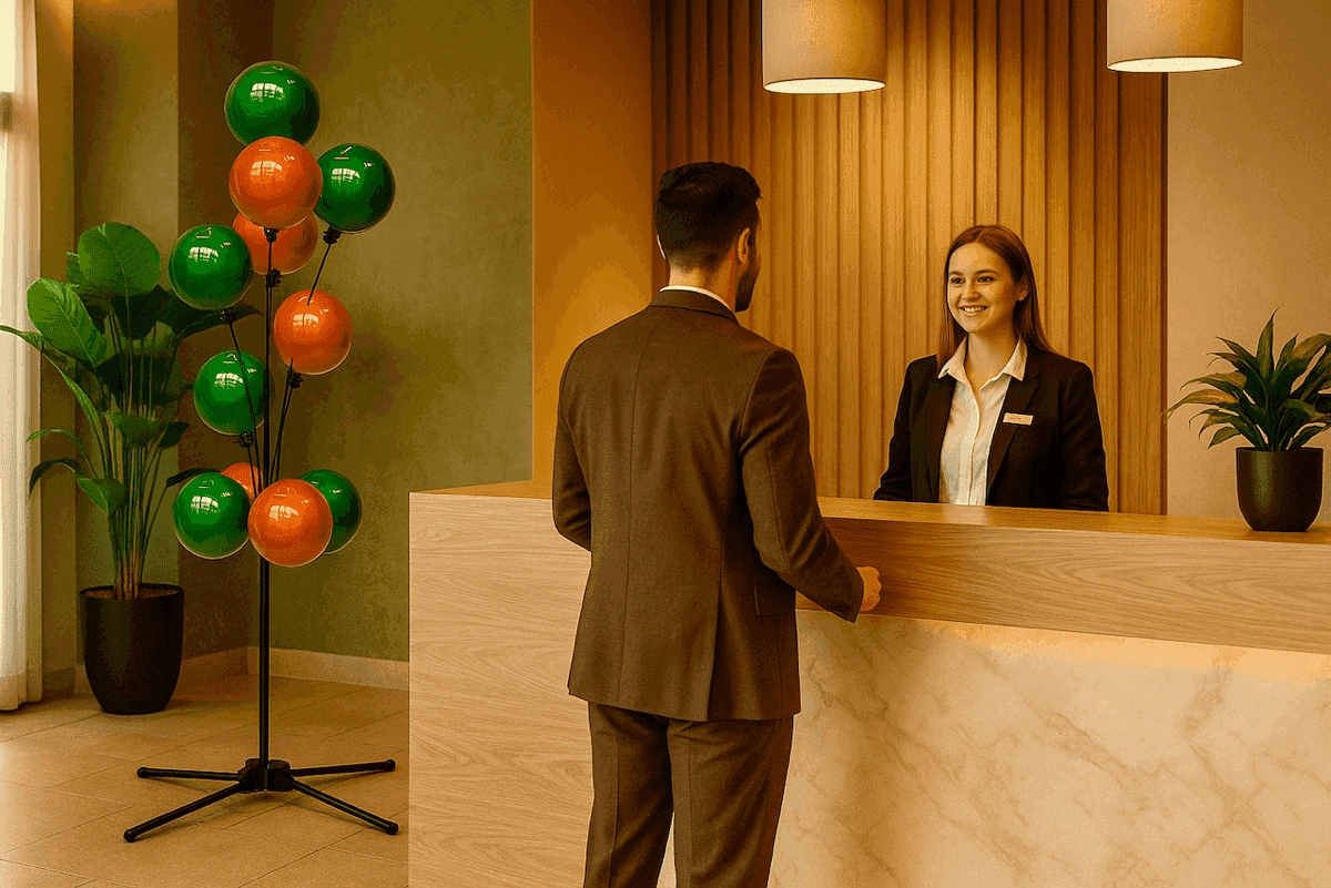 Subtiel ballon stoepbord bij onthaalbalie voor professionele first impression decoratie