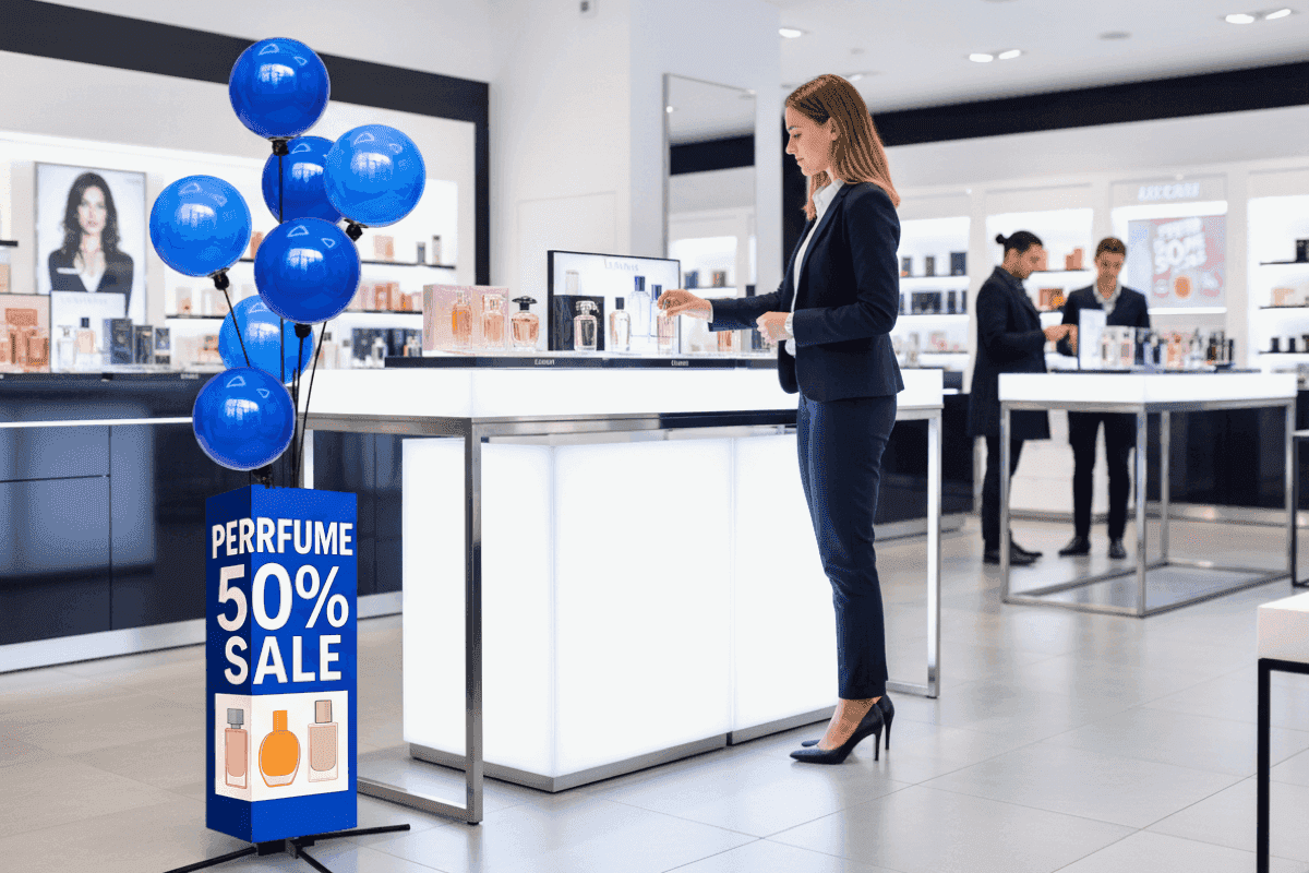Ballon stoepbord als elegant reclamebord bij producten, point-of-purchase decoratie met mobiele setup