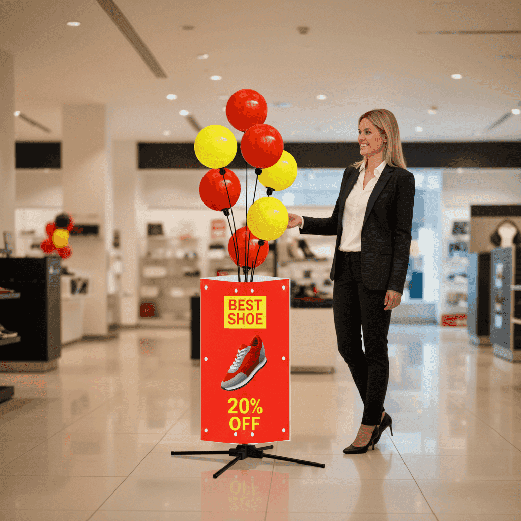 Collage van professionals die PilaMania ballon stoepborden gebruiken in diverse settings: retail displays, events en showrooms, toont transformatie naar operationele rust