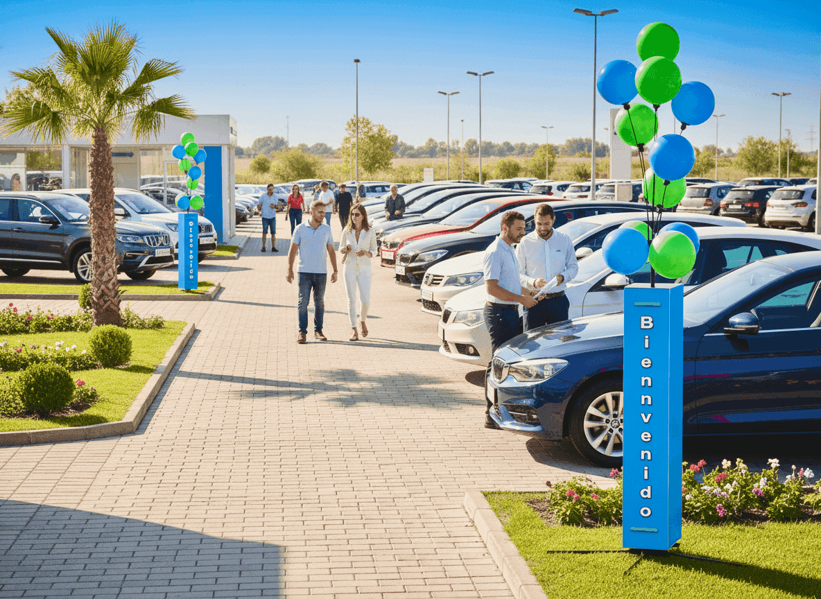 Een ballon stoepbord staat stevig buiten bij een autodealer in de brandende zon