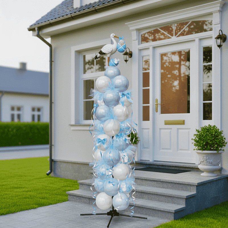 Complete gender reveal setting met decoraties en blije aanstaande ouders