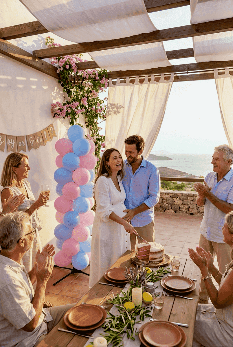Aanstaande ouders bij roze en blauwe ballonpilaar op overdekt terras met applaudisserende familie