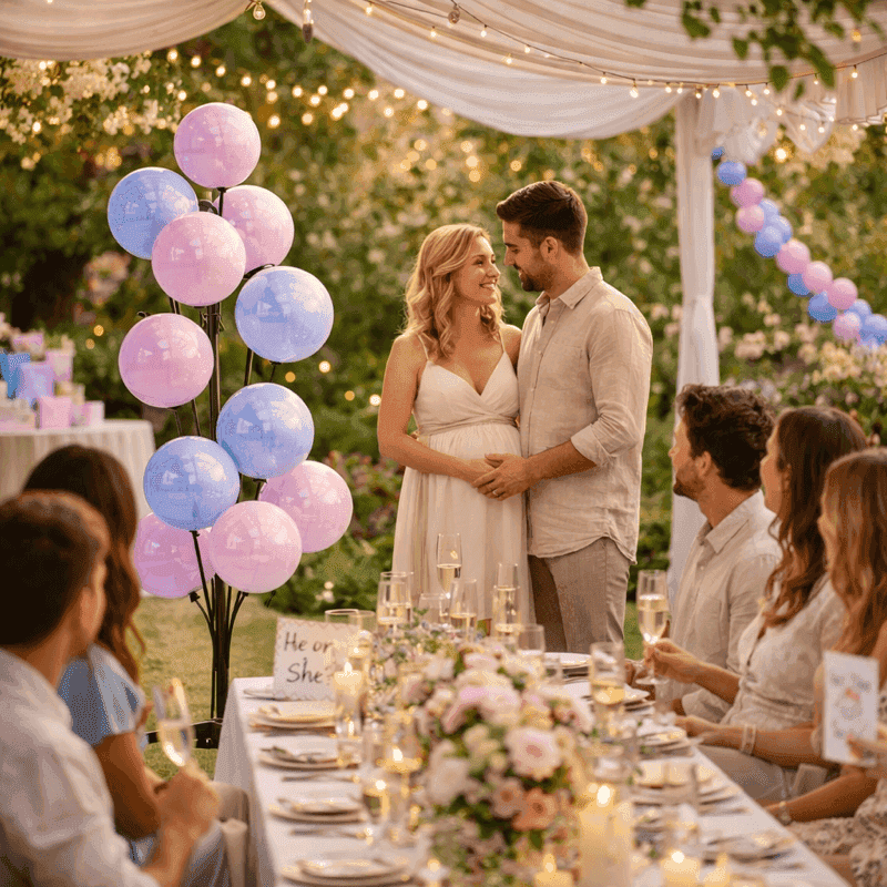 Romantisch gender reveal avondfeest met ballonfontein en sfeerlichtjes op tuinterras