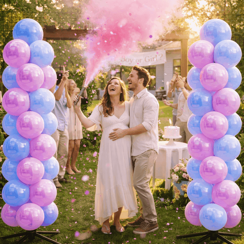 Spectaculaire gender reveal met roze rookkanon en roze-blauwe ballonnenboog in tuin