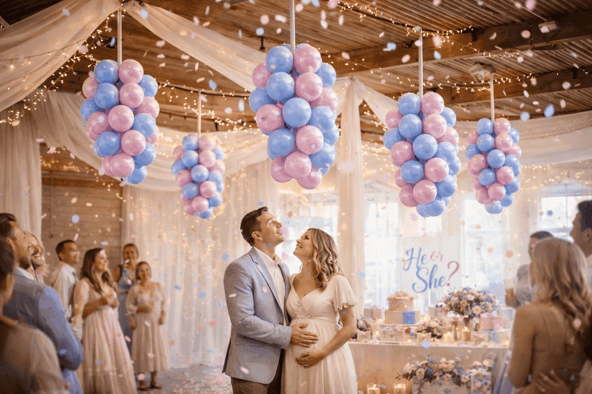 Zwanger koppel kust in feestzaal onder romantische hangende roze-blauwe ballontrossen