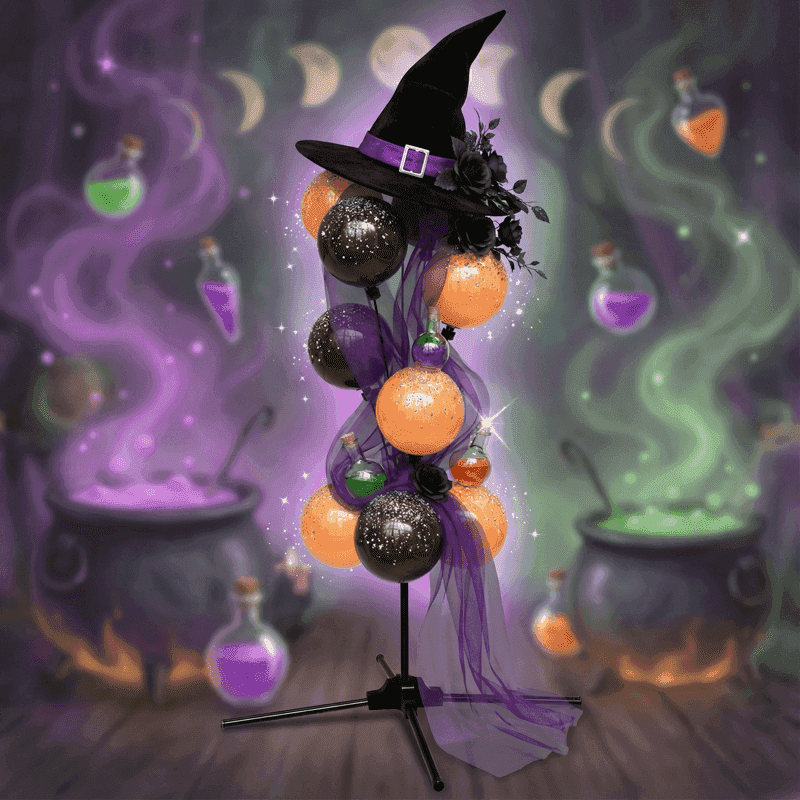 PilaMania ballonfontein gedecoreerd voor Halloween met zwarte heksenhoed topper, paarse tule en glitteraccenten — elegante herbruikbare Halloween ballondecoratie witch-chic stijl