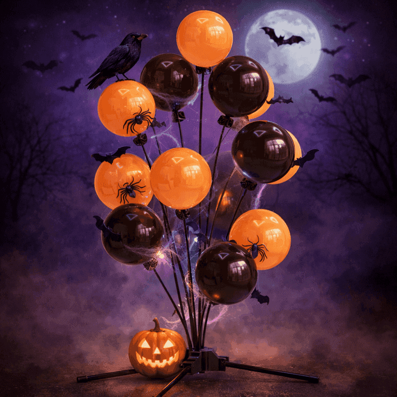 PilaMania ballontros gedecoreerd voor Halloween met raaf, vleermuizen, volle maan backdrop en spinnen — mysterieus nachtelijk herbruikbare Halloween ballondecoratie moonlit stijl