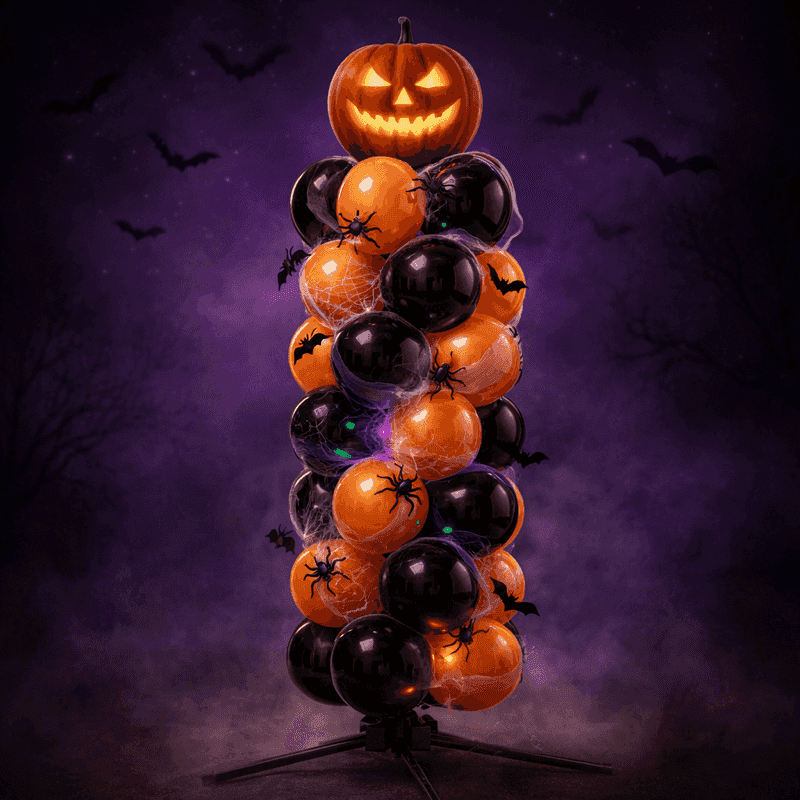 PilaMania ballonpilaar gedecoreerd voor Halloween met gloeiende pompoen topper, spinnenwebben en spinnen tussen oranje en zwarte ballonnen — griezelige herbruikbare Halloween ballondecoratie