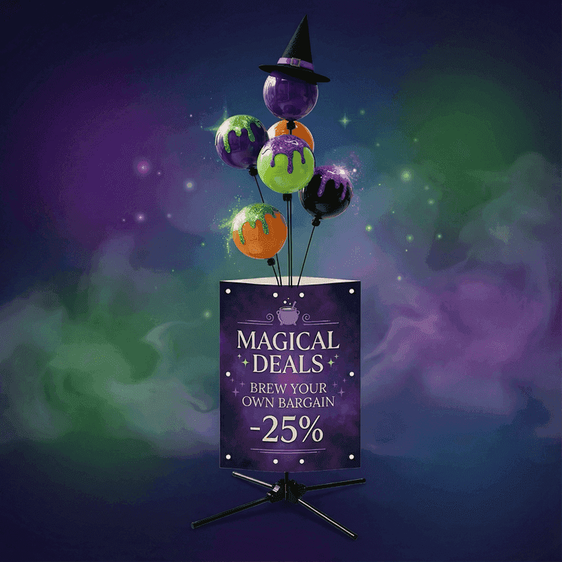 PilaMania stoepbord met ballonfontein in witch's potion shop stijl — paarse en groene PVC ballen met heksenhoedje topper en magische korting promotie voor Halloween retail display