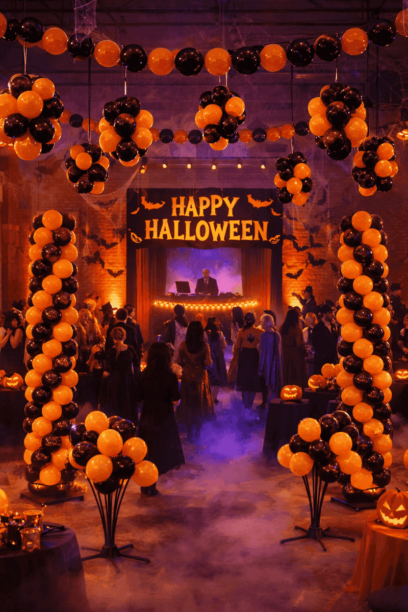 Halloween feestzaal met Happy Halloween ballonnenboog en ballonfonteinen