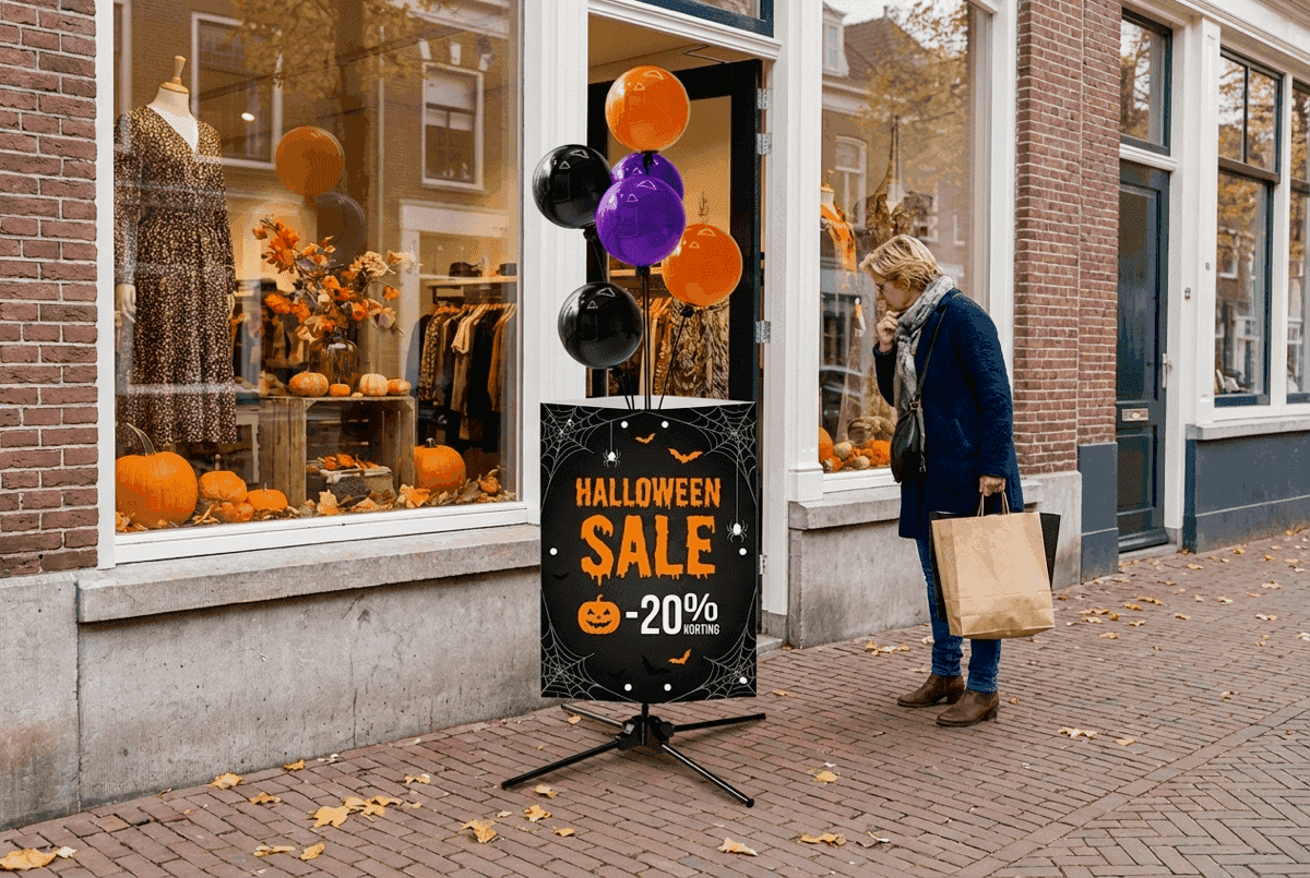 Halloween-actiebord met oranje en paarse ballontros bij winkel