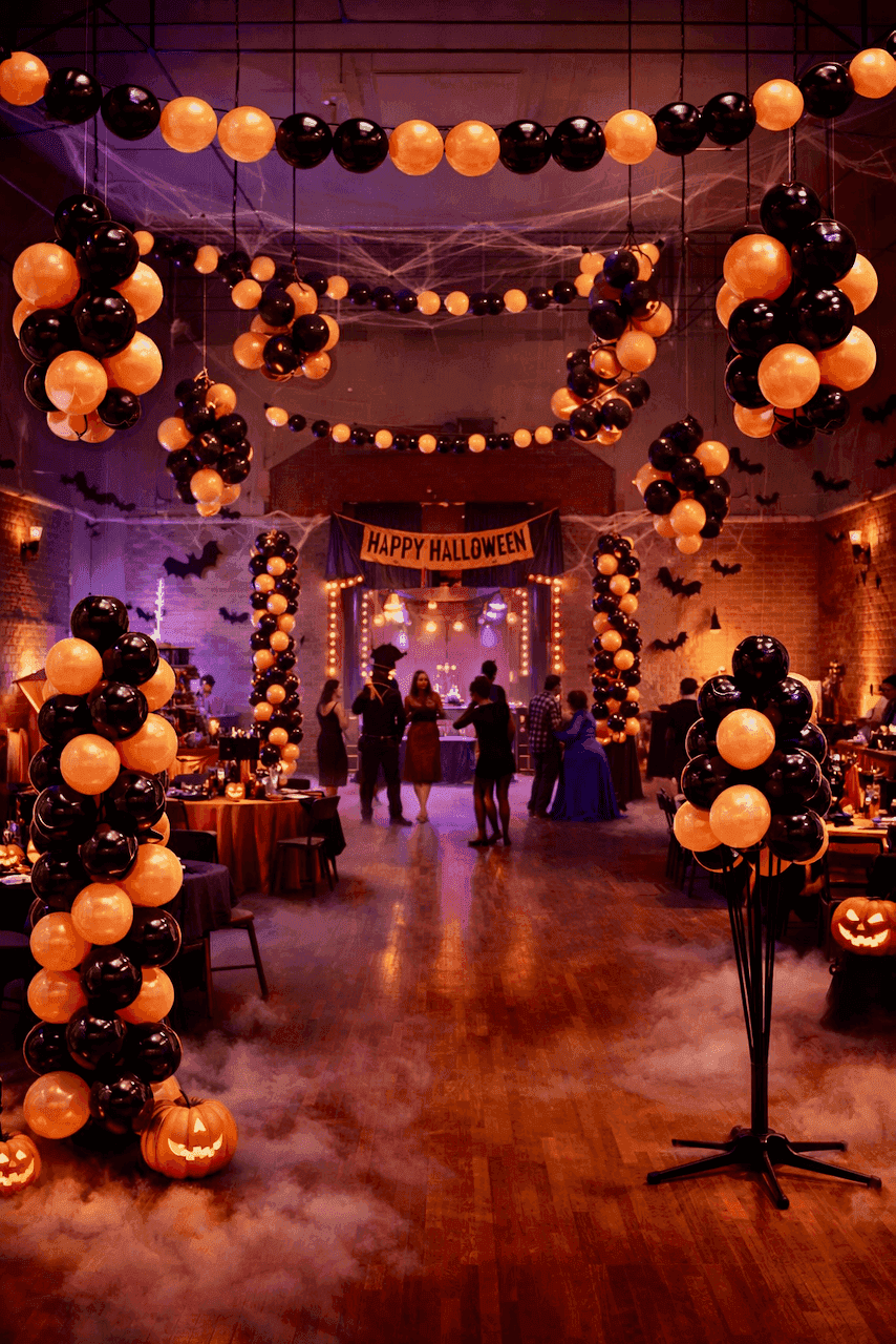 Spooky Halloween feest met mist, ballonguirlandes en ballonfonteinen