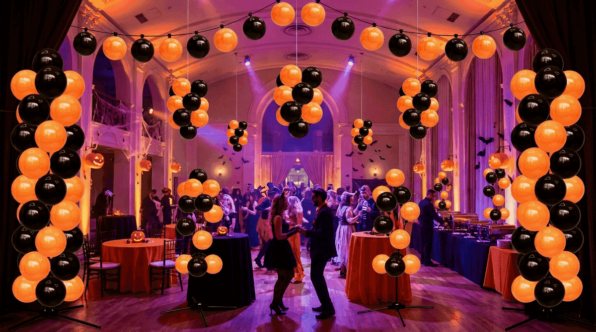 Halloween gala evenement met oranje en zwarte ballonnenbogen en dansende gasten