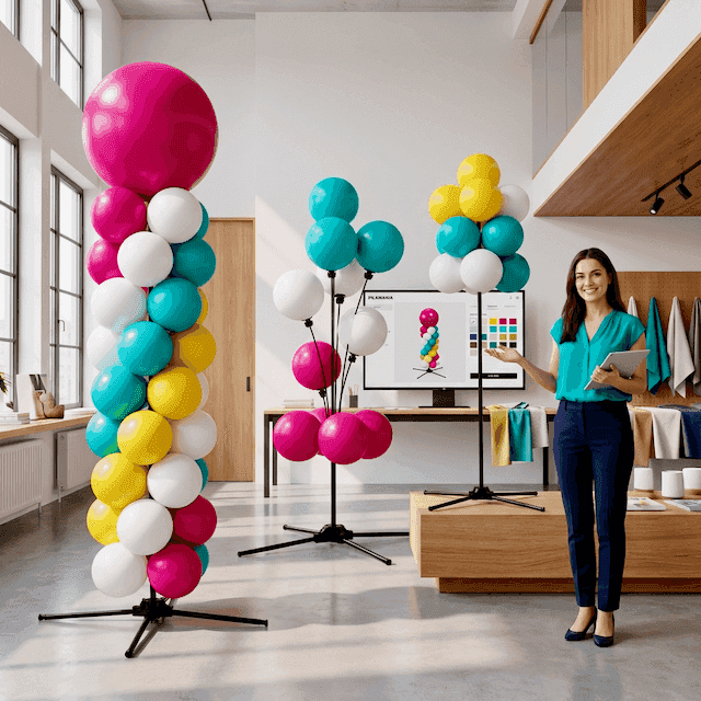 Kleurrijke herbruikbare ballondecoraties van PilaMania opgesteld in een modern atelier, met een event planner die haar configuratie samenstelt
