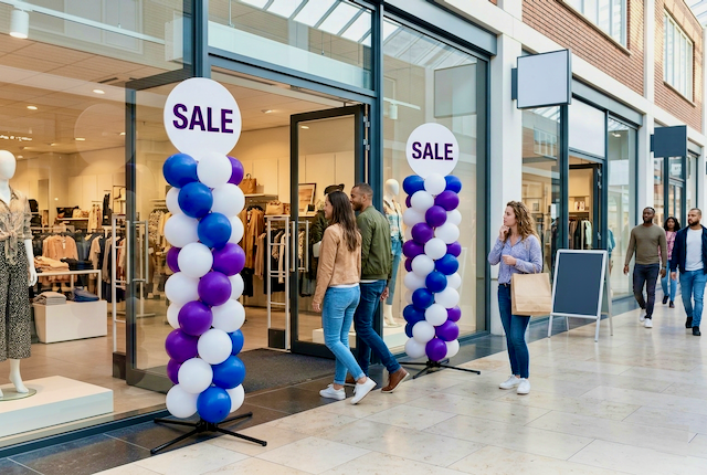 Ballonboog in huisstijlkleuren bij de showroom van een autodealer