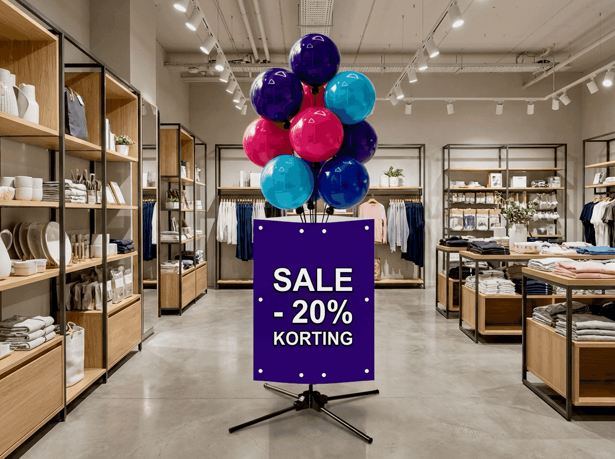 Ballonfontein met stoepbord bij productdisplay in winkel