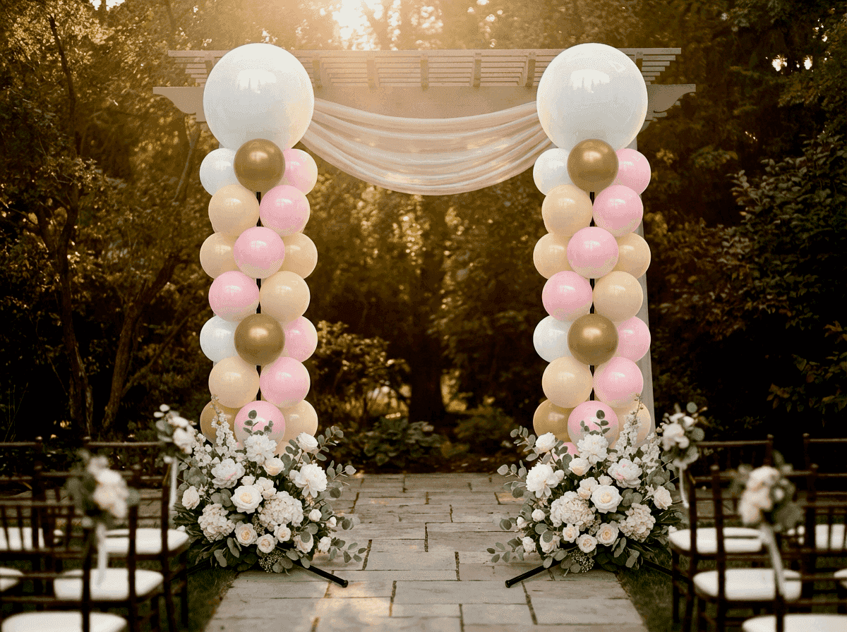 Witte ballonpilaren als romantische backdrop bij huwelijksceremonie